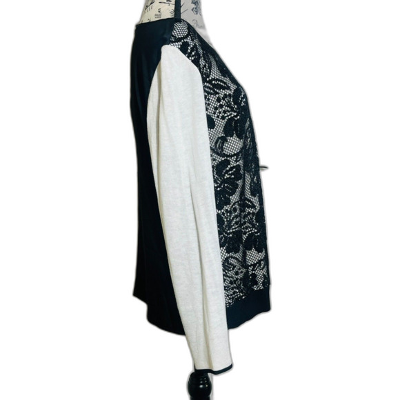 Ann Taylor Black Ivory Lace Overlay Long Sleeve Top Wool Blend Large Tunic CHIC - Picture 3 of 9